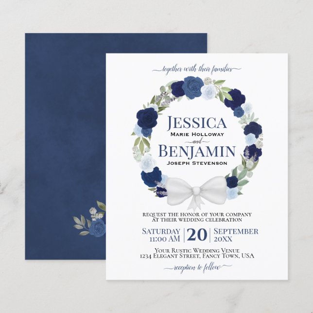 Wreath of Blue Roses Elegant BUDGET Wedding Invite (Front/Back)