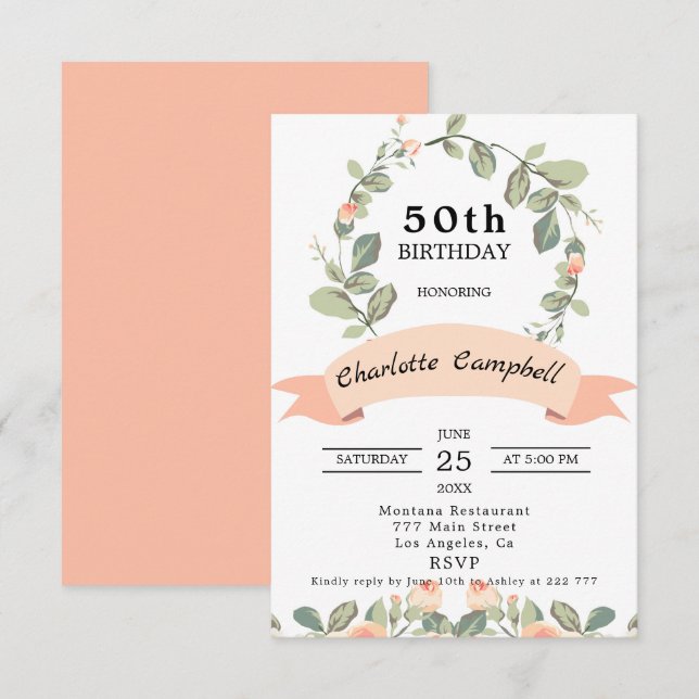 Wreath of Blush Roses Birthday Invitation (Front/Back)