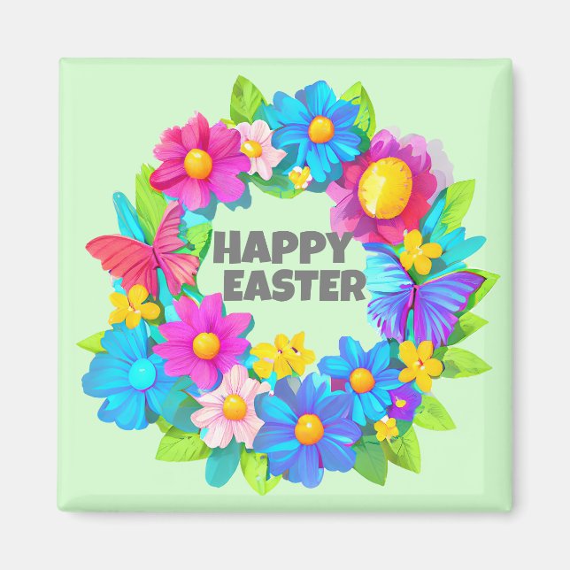 Wreath of Colourful Easter Flowers Magnet (Front)