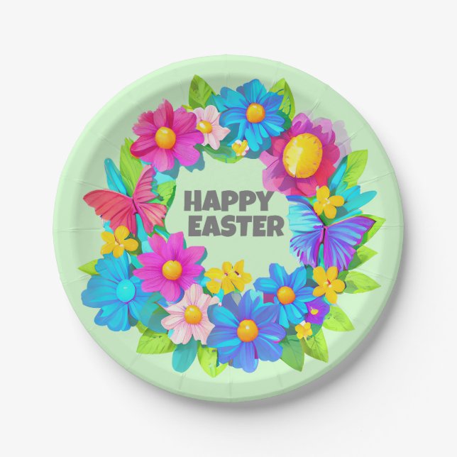 Wreath of Colourful Easter Flowers Paper Plate (Front)