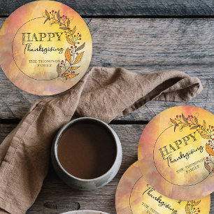 Wreath Of Doodle Leaves and Berries Thanksgiving Round Paper Coaster