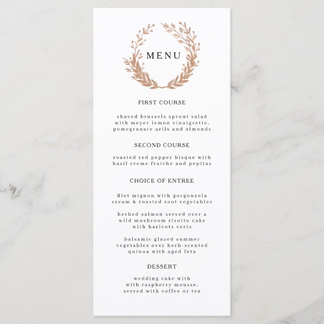 Wreath of golden branches with a monogram. Wedding Menu (Front)