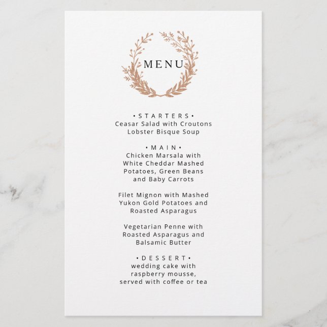 Wreath of golden foliage. Elegant wedding menu (Front)