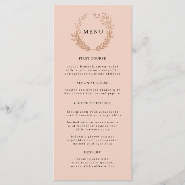 Wreath of golden foliage with a monogram. Wedding Menu (Front)