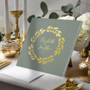 Wreath of Leaves Wedding Sage Green Gold ID1056 Guest Book