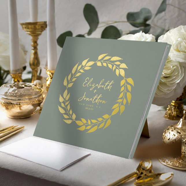 Wreath of Leaves Wedding Sage Green Gold ID1056 Guest Book (Creator Uploaded)