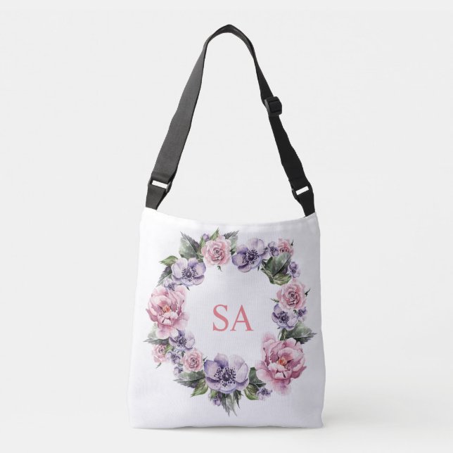 Wreath of Pink Purple Flower Monogrammed Tote Bag (Front)