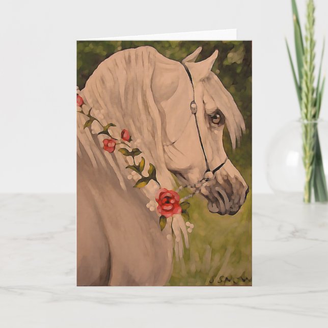 "Wreath Of Roses" Arabian Horse Head Holiday Card (Front)