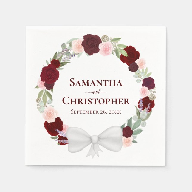 Wreath of Roses Burgundy Red & Pink Wedding Napkin (Front)