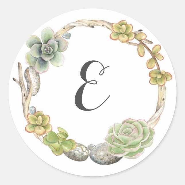 Wreath of Succulents, Twigs and Stones | Monogram Classic Round Sticker (Front)