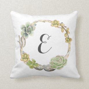 Wreath of Succulents, Twigs and Stones Monogram Cushion