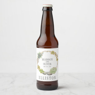 Wreath of Succulents, Twigs and Stones Wedding Beer Bottle Label