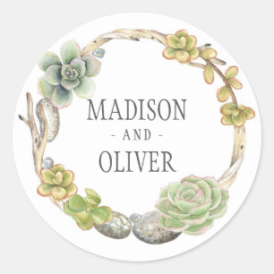 Wreath of Succulents, Twigs and Stones   Wedding Classic Round Sticker
