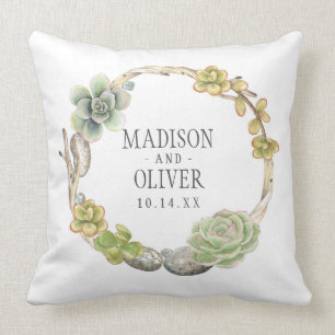 Wreath of Succulents, Twigs and Stones Wedding Cushion