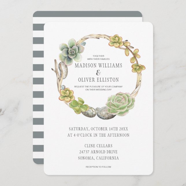 Wreath of Succulents, Twigs and Stones | Wedding Invitation (Front/Back)