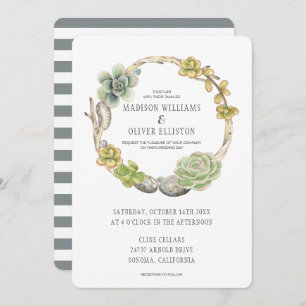 Wreath of Succulents, Twigs and Stones   Wedding Invitation