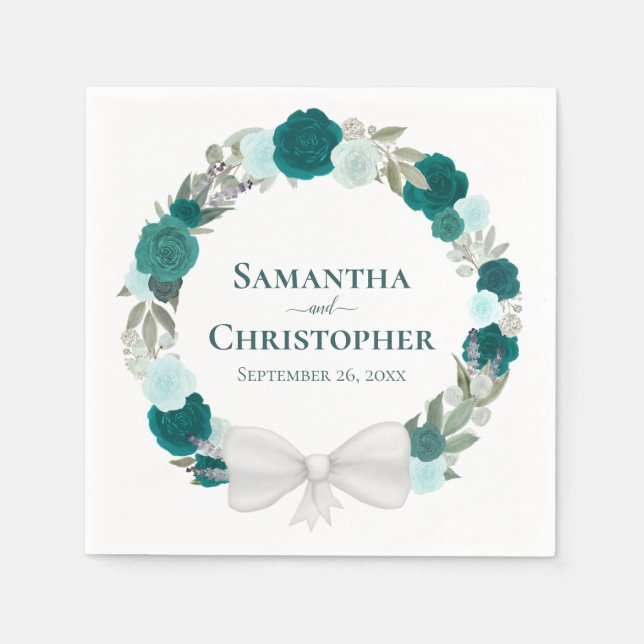 Wreath of Teal Aqua and Turquoise Roses Wedding  Napkin (Front)