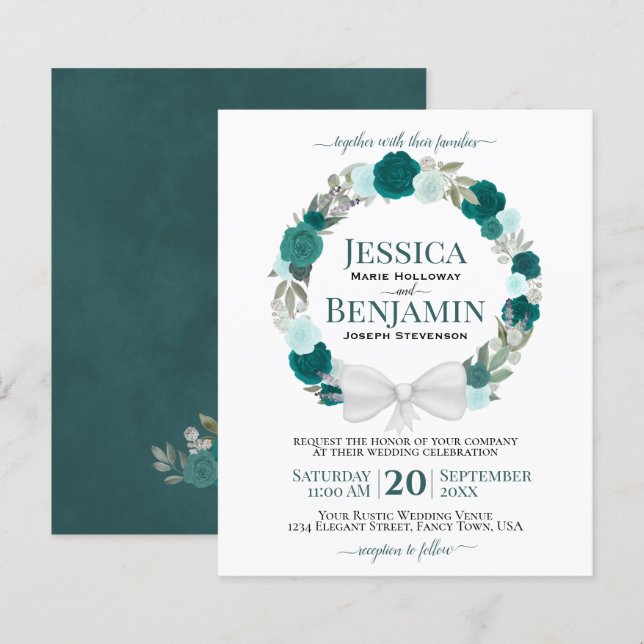 Wreath of Teal Roses Elegant BUDGET Wedding Invite (Front/Back)
