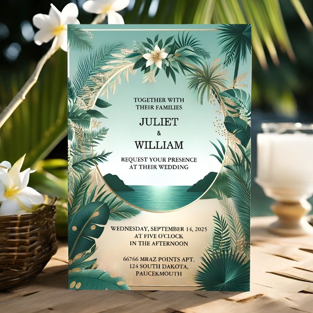 Wreath Palm Tree Beach Green And Gold Wedding Invitation (Creator Uploaded)