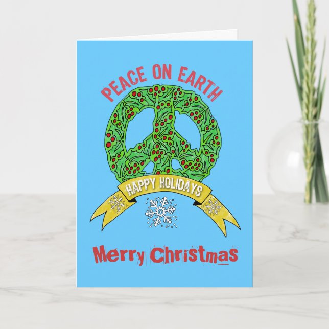 Wreath Peace Sign- Peace on Earth Merry Christmas Holiday Card (Front)