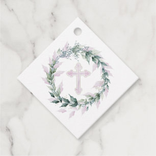 Wreath & Pink Cross Communion Baptism Christening Favour Tags