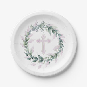 Wreath & Pink Cross Communion Baptism Christening Paper Plate