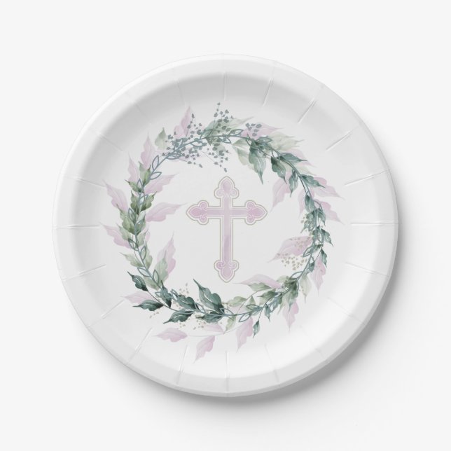 Wreath & Pink Cross Communion Baptism Christening Paper Plate (Front)