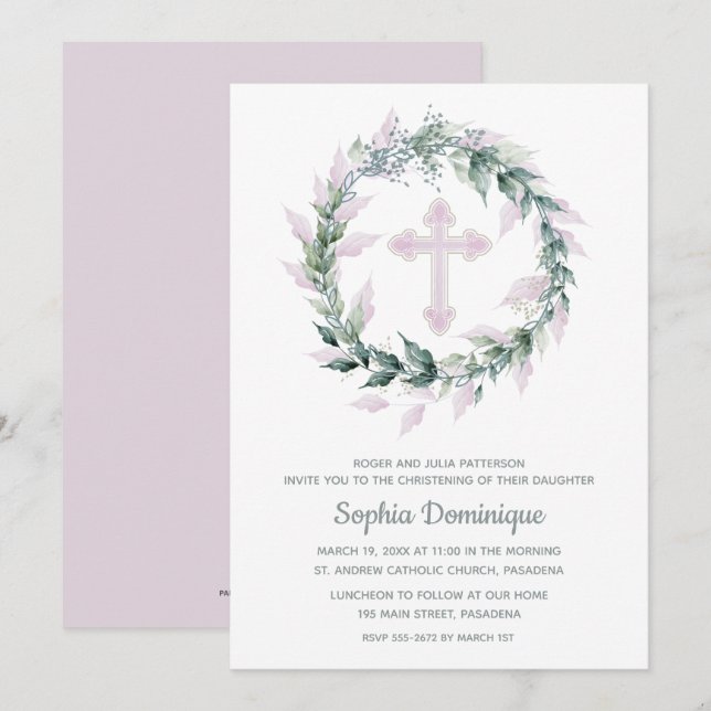 Wreath Pink Cross First Communion Invitations (Front/Back)