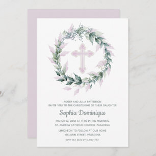 Wreath Pink Cross First Communion Invitations