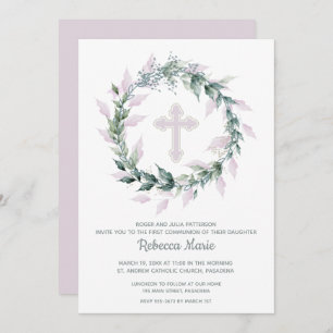 Wreath Pink Cross First Communion Invitations