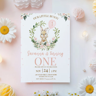 Wreath Pink Floral Rabbit Bunny 1st Birthday Invitation