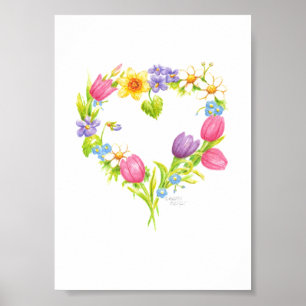 Wreath Poster Watercolor Heart Flowers 5 x 7