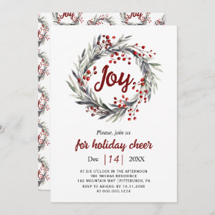 Wreath, red berries and leaves Joy Christmas party Invitation