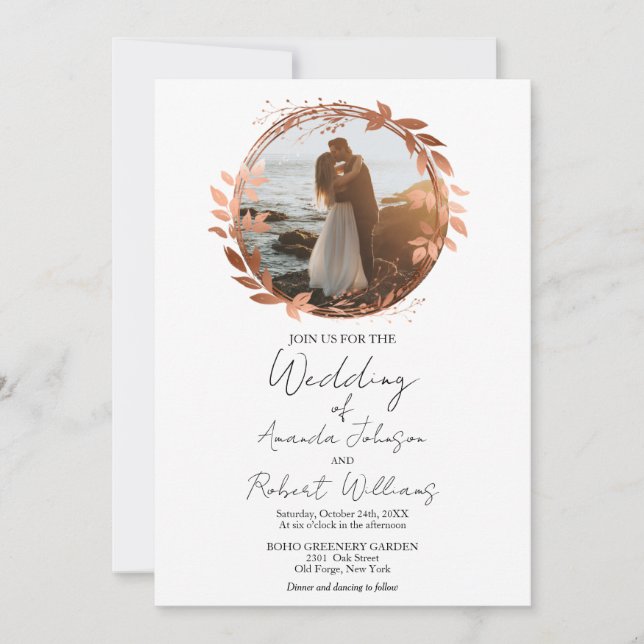 Wreath Rose Gold Foil Calligraphy Photo Wedding Invitation (Front)