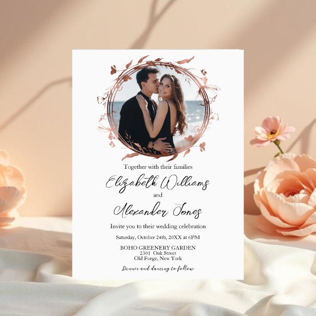 Wreath Rose Gold Foil Photo Calligraphy Wedding Invitation (Creator Uploaded)