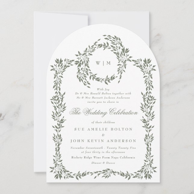 Wreath Sage Green Elegant Frame Wedding Arch Invitation (Front)