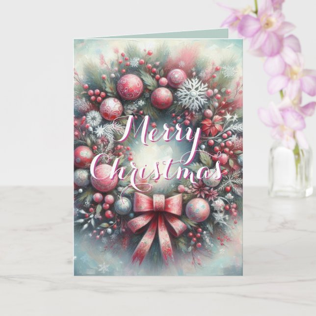 Wreath Sage Green & Pink Personalised Christmas Card (Orchid)