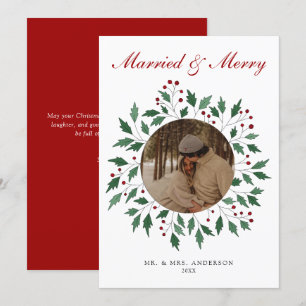 Wreath Script Married & Merry Newlywed Photo Holiday Card