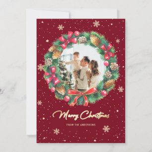 Wreath Snowy Gold Red Photo Christmas Holiday Card