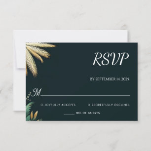 Wreath Teal Palm Beach Green And Gold Wedding RSVP Card