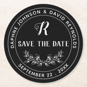 Wreath Vintage Monogram Black Save the Date Round Paper Coaster
