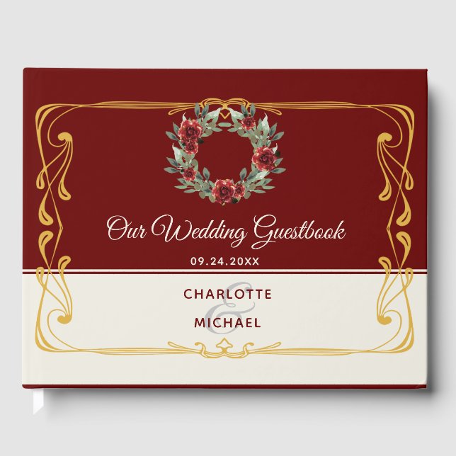 Wreath w/ Gold Frame Wedding Guestbook (Front)