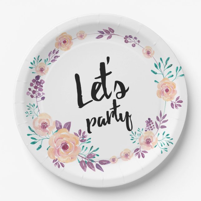 Wreath watercolored flowers paper plate (Front)