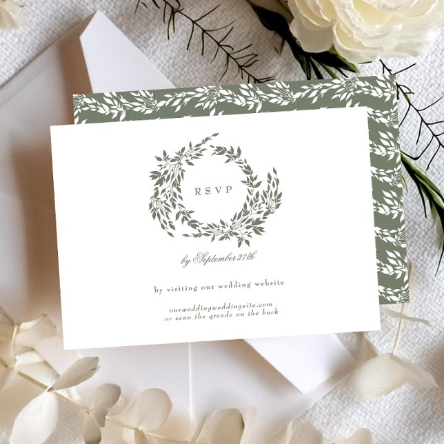 Wreath White & Sage Green Classic Wedding Website RSVP Card (Creator Uploaded)
