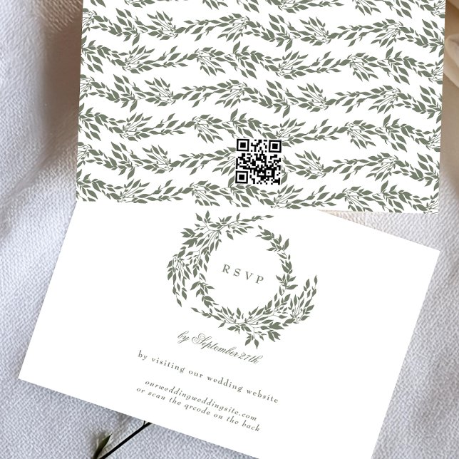 Wreath White Sage Green Elegant Wedding QR CODE RSVP Card (Creator Uploaded)