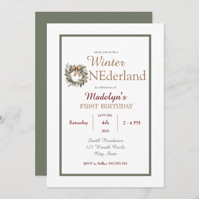 Wreath Winter ONEderland Kids First Birthday  Invitation (Front/Back)