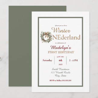 Wreath Winter ONEderland Kids First Birthday  Invitation