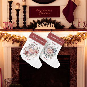 Wreath with Baby's First Christmas photo Large Christmas Stocking