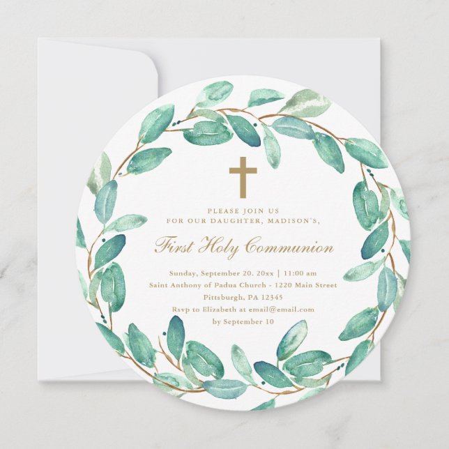 Wreath with Cross First Holy Communion Invitation (Front)