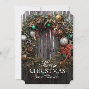 Wreath with decor on rustic door holiday card